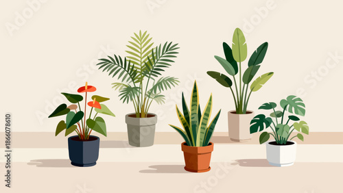 Five potted plants on a shelf