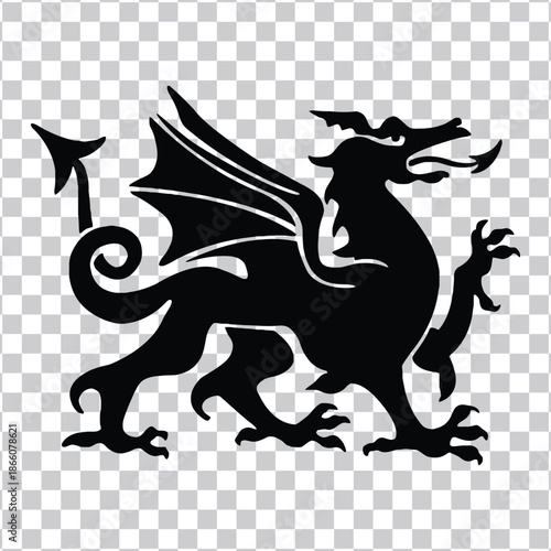 Bold black silhouette of a majestic winged beast, embodying fantasy, power, and ancient lore, a versatile graphic element ideal for symbolic representations and diverse design applications