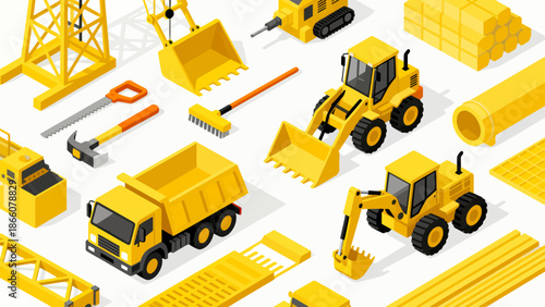 Yellow construction equipment and tools