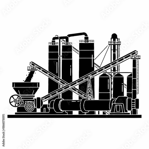Industrial Cement Plant Production Factory Building Silhouette.