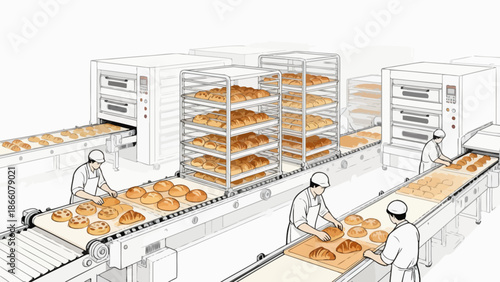 Bakery production line with workers
