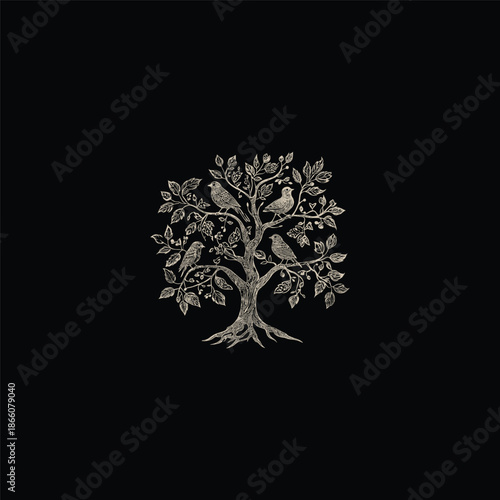 Vintage hand drawn engraving of a tree of life with birds perched on branches.