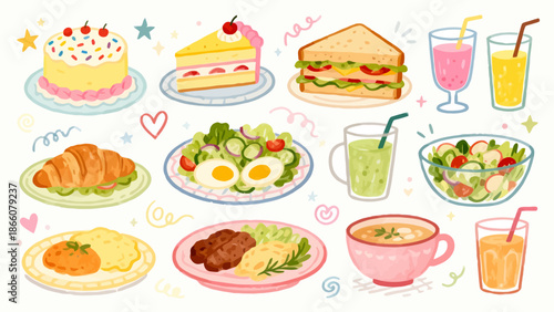 Illustration of various food and drinks