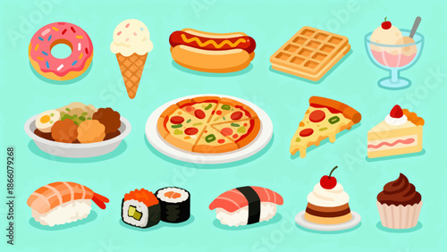 Assorted food items on light blue background