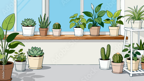 Indoor plants on window sill and floor