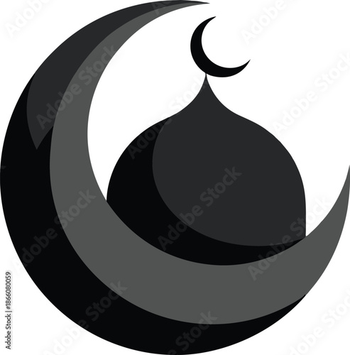 a striking black and white depiction features a crescent moon and a mosque dome symbolizing islamic faith and culture high quality