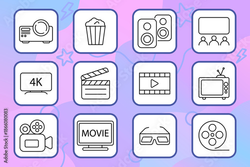Cinema set icon. Projector, popcorn, screen, speaker, movie, tv, 3d glasses, filmstrip, clapper, camera, entertainment, video, broadcast, recording.