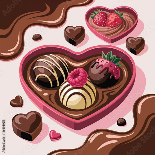 Heart Shaped Chocolate Box with Strawberry Truffles Valentine Dessert Illustration
