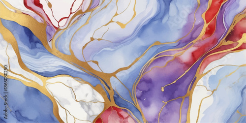 Abstract watercolor background featuring colorful waves and flowing liquid texture with gold swirls and blue paint curves for an artistic wallpaper design