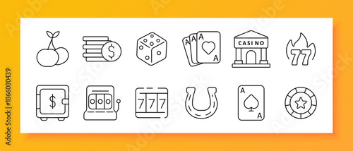 Casino gambling set icon. Cards, dice, chips, slot, jackpot, safe, horseshoe, fire, coin, fruit, money, bet, play, entertainment, poker, luck, risk, fortune, prize, winner