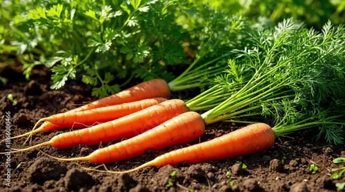 Fresh orange carrots with green tops harvested from soil  