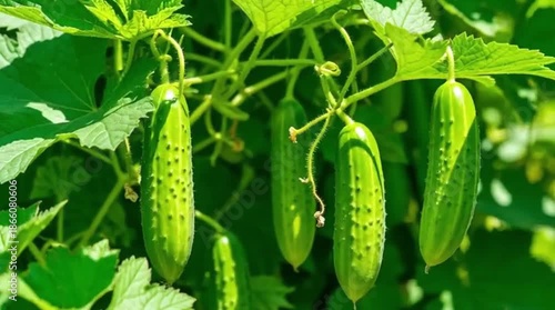 Fresh cucumbers growing on vine in sunny garden setting  