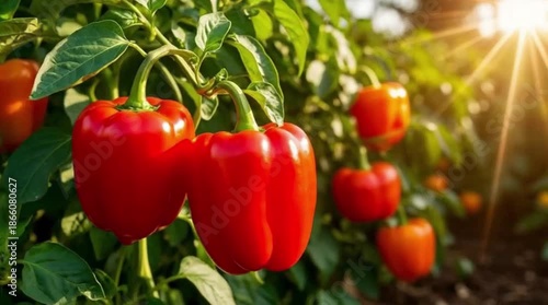 Red bell peppers growing in garden with sunlight in background  