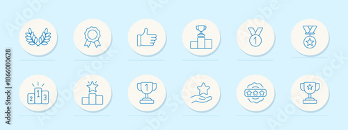 Award set icon. Laurel wreath, ribbon, thumbs up, trophy podium, gold medal, rank steps, holding star, five-star badge, winner cup, achievement recognition symbols.