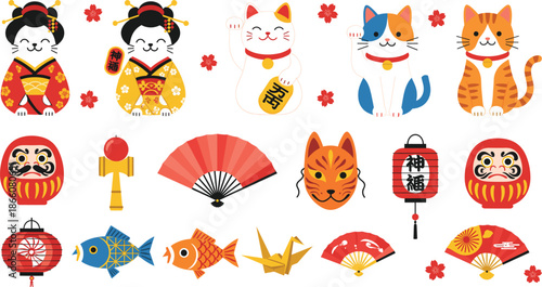 Japanese Lucky Cat and Traditional Festival Icons Set with Daruma Fans Lanterns Origami and Kimono Characters Vector