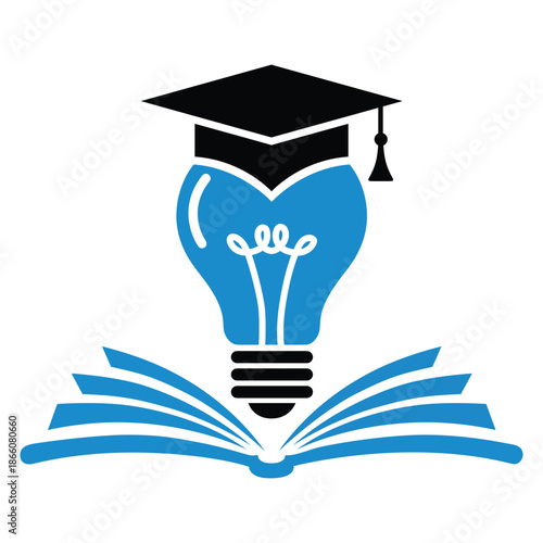Education Idea Concept with Light Bulb, Graduation Cap and Open Book Illustration