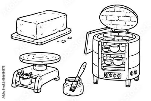 Pottery crafting essentials: kiln, clay, wheel, and tools in hand-drawn style
