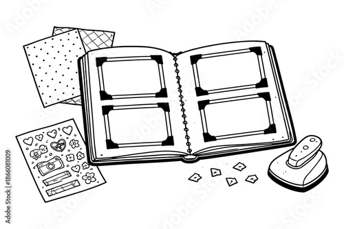 Hand drawn scrapbook essentials: open album, crafting tools, decorative stickers