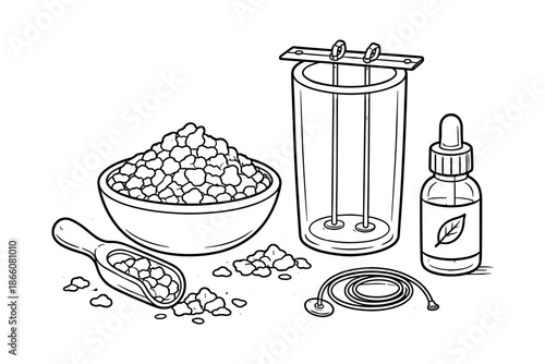 Diy home candle making tools and ingredients: wick, wax, essential oil dropper, and mold setup in line art style