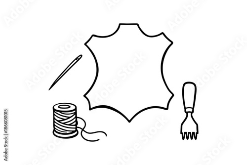 Leather craft tools outline: needle, thread, and leather template design