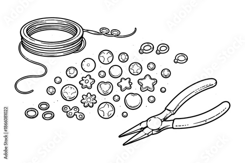 Jewelry making tools and beads black and white outline design