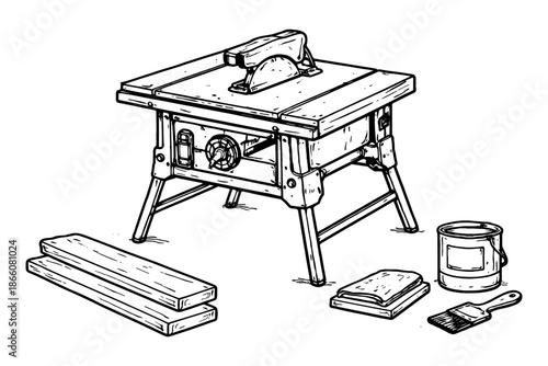 Vintage workshop tools: hand drawn table saw with painting accessories