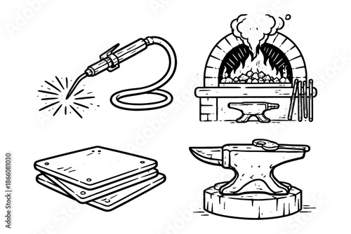 Blacksmith workshop tools and forge in hand drawn style for craftsmanship themes