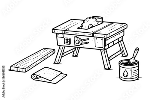 Black and white hand drawn carpenter tools on a workbench with circular saw