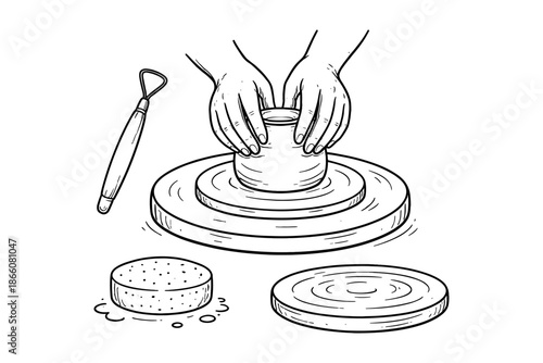 Handcrafted pottery: hands shaping clay on a wheel with sculpting tools in line art style