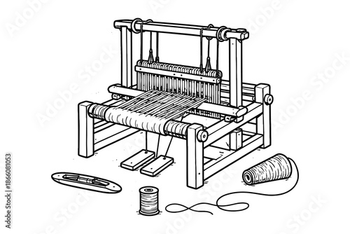 Vintage handloom drawing with detailed yarn and thread elements in black and white