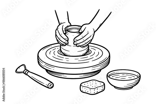 Handcrafted pottery process: hands shaping clay on a pottery wheel in linear art style