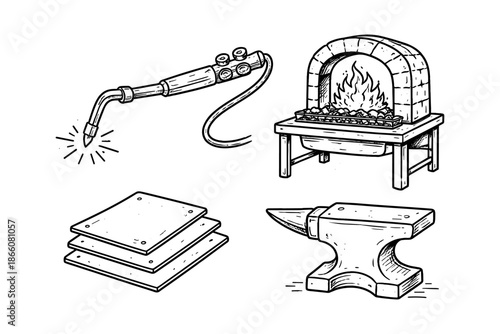Blacksmith tools set: forge, anvil, torch, metal plates - hand drawn style