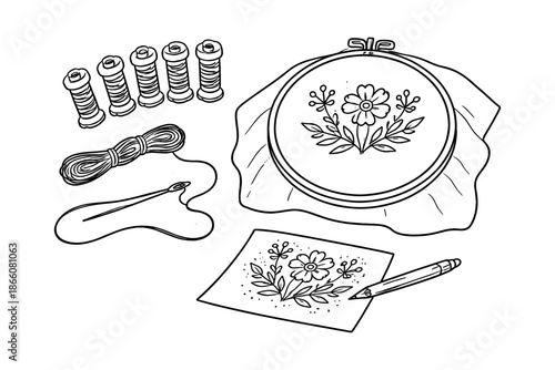 Hand embroidery setup with floral design and supplies