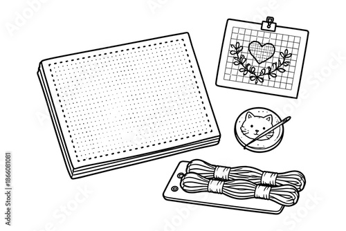 Embroidery set with hoop and supplies in black and white linear style