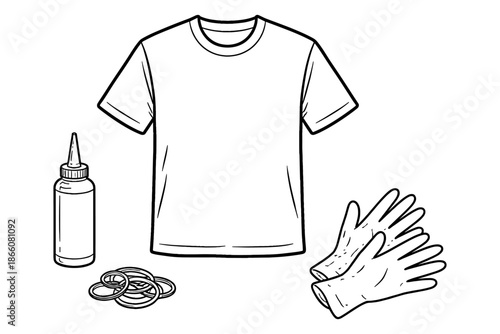 Tie dye preparation kit with t-shirt, dye, gloves, and rubber bands outline
