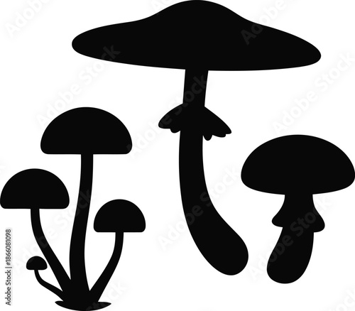 Black and white mushroom silhouette illustration vector set white background
