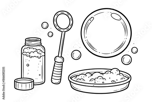 Bubble blowing set with wand and soap bottle in black and white line art