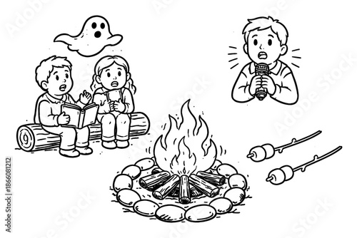 Spooky campfire night with storytelling kids and ghost