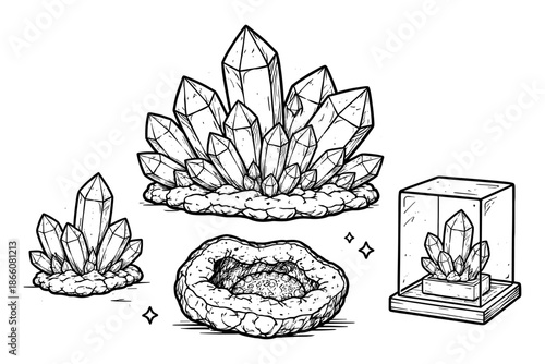 Intricate crystal set with geode and display case in detailed line art style