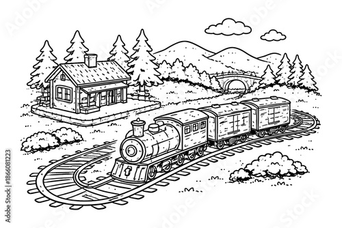 Vintage train and cozy cabin in a mountainous landscape