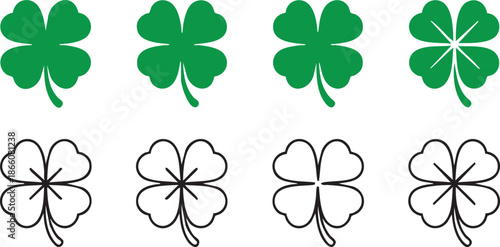 shamrock, clover, leaf, green, vector, set, lucky, leaf, symbol, plant, irish, st, saint, patrick, day, ireland, cartoon, flat, illustration, style, icon, holiday, celebration, design, nature, traditi