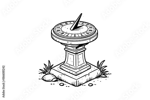 Intricate hand drawn sundial on pedestal with roman numerals and nature elements