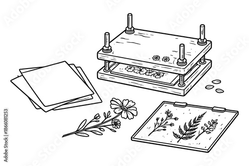 Handcrafted herbal art: botanical flower pressing with floral designs in monochrome