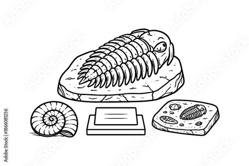 Line art fossil collection featuring trilobite and ammonite on pedestal display