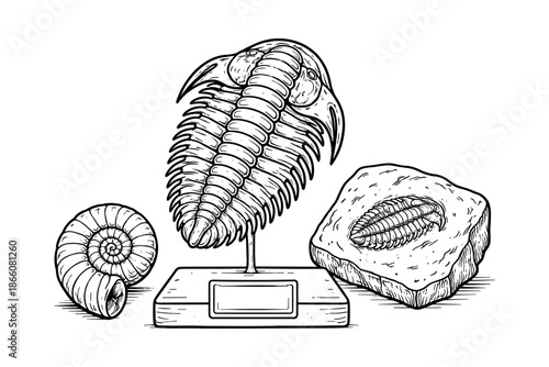 Hand drawn fossil artifacts: trilobite, ammonite, fossil imprint showcase