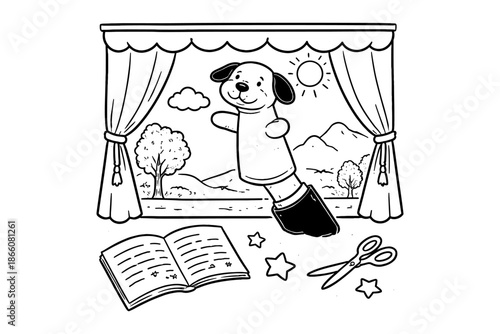 Puppet theater outline with scenery and craft elements