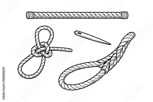 Hand drawn rope knots and needle on white background