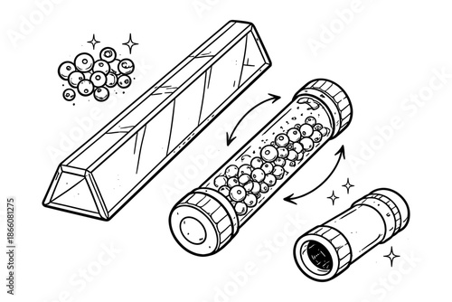 Hand drawn style cylindrical capsules and rectangular container with circular beads