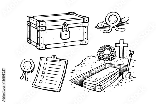 Vintage black and white medieval treasure chest and burial scene elements