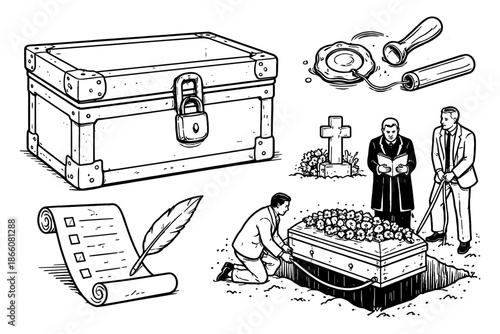 Vintage funeral elements with coffin, trunk, scroll, and magnifying glass in black and white